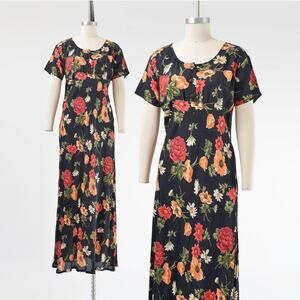Vintage 90s Black Floral Bias Cut Empire Waist Long Maxi Dress M